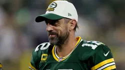 Aaron Rodgers #12 of the Green Bay Packers walks off the field after a win over the Chicago Bears at Lambeau Field on September 18, 2022 in Green Bay, Wisconsin.