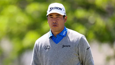 Hideki Matsuyama of Japan looks on while playing the third hole during the third round of the Truist Championship 2025 at The Wissahickon at Philadelphia Cricket Club on May 10, 2025.