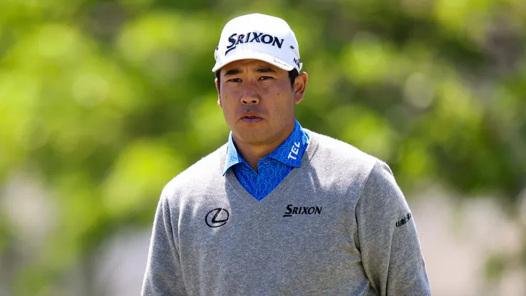 Hideki Matsuyama of Japan looks on while playing the third hole during the third round of the Truist Championship 2025 at The Wissahickon at Philadelphia Cricket Club on May 10, 2025.