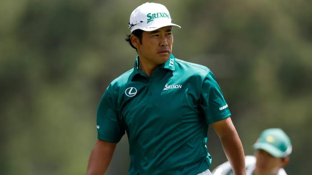 Hideki Matsuyama of Japan looks across the third green during the third round of the 2025 Masters Tournament at Augusta National Golf Club on April 12, 2025. (Source: Harry How/Getty Images)