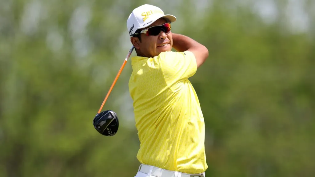 Hideki Matsuyama of Japan plays his shot from the fourth tee during the final round of the Truist Championship 2025 at The Wissahickon at Philadelphia Cricket Club on May 11, 2025. (Source: Emilee Chinn/Getty Images)