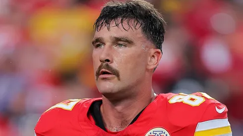 Travis Kelce #87 of the Kansas City Chiefs looks on during warmups before playing the Baltimore Ravens at GEHA Field at Arrowhead Stadium on September 05, 2024 in Kansas City, Missouri.