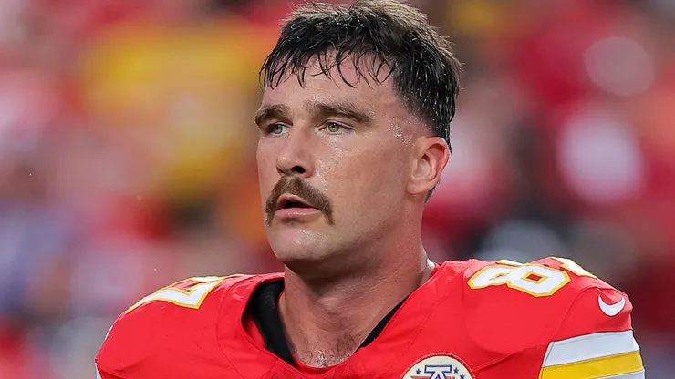 Travis Kelce #87 of the Kansas City Chiefs looks on during warmups before playing the Baltimore Ravens at GEHA Field at Arrowhead Stadium on September 05, 2024 in Kansas City, Missouri.