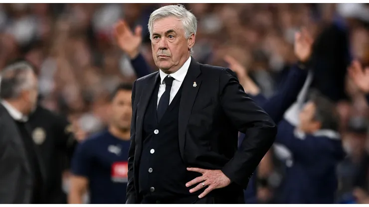 Carlo Ancelotti, Head Coach of Real Madrid, looks dejected during the LaLiga match between Real Madrid CF and Valencia CF at Estadio Santiago Bernabeu on April 05, 2025 in Madrid, Spain.