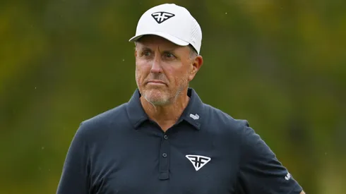 Phil Mickelson reacts after a putt on the 15th holeduring day one of the LIV Golf Invitational – Chicago at Rich Harvest Farms on September 22, 2023.