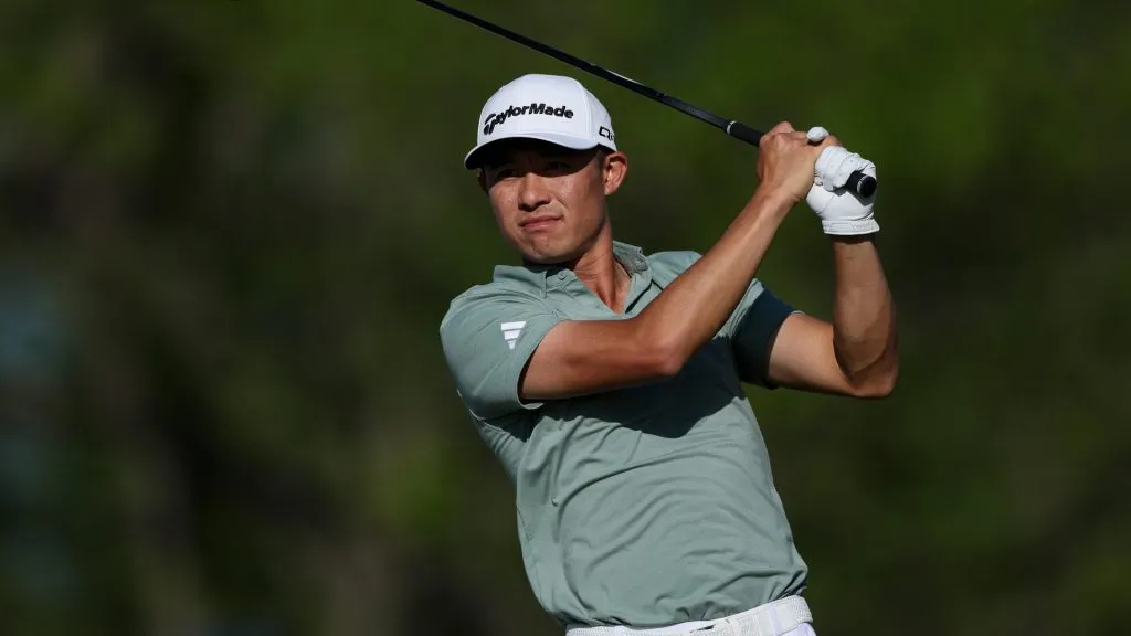 Collin Morikawa hits a tee shot on the 18th hole during the third round of the Truist Championship 2025 at The Wissahickon at Philadelphia Cricket Club on May 10, 2025. (Source: Emilee Chinn/Getty Images)