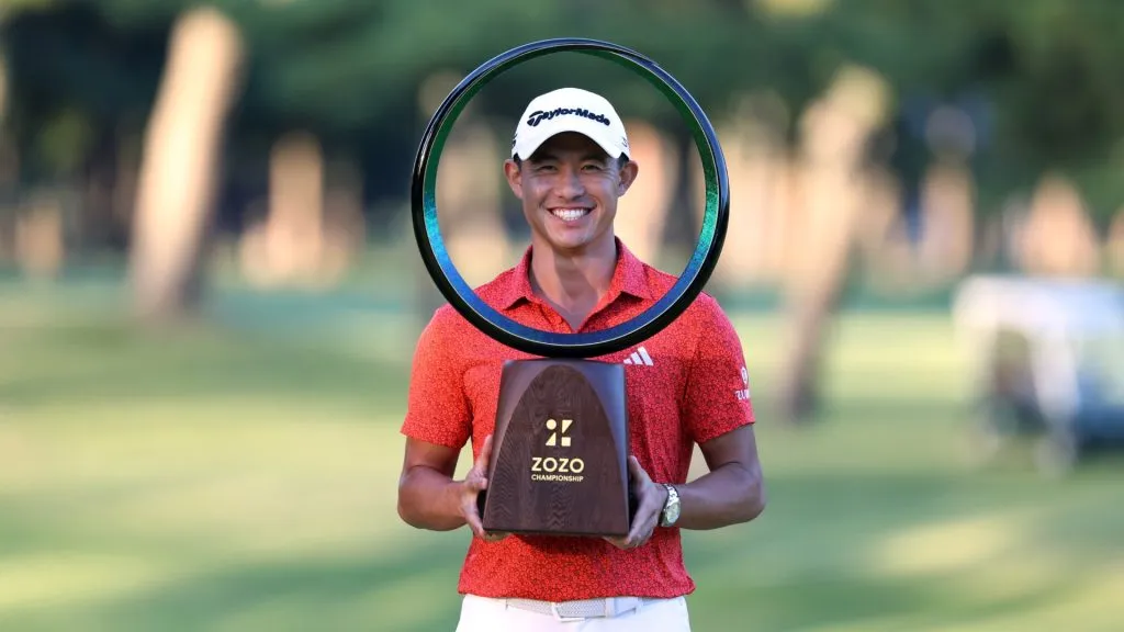 Collin Morikawa of the United States poses with the trophy after winning the tournament folloiwng the final round of ZOZO Championship on October 22, 2023. (Source: Lintao Zhang/Getty Images)