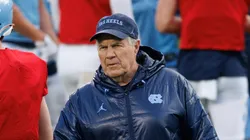 Head coach Bill Belichick of the North Carolina Tar Heels coaches during North Carolina's "Practice Like A Pro" Spring Football Event at Kenan Stadium on April 12, 2025 in Chapel Hill, North Carolina.