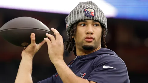 C.J. Stroud #7 of the Houston Texans warms up prior to facing the Tennessee Titans at NRG Stadium on December 31, 2023 in Houston, Texas.