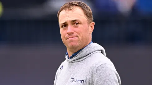 Justin Thomas of the United States celebrates after finishing his round on the 18th green on day one of The 152nd Open championship at Royal Troon on July 18, 2024.
