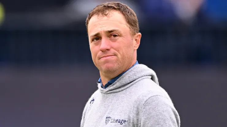 Justin Thomas of the United States celebrates after finishing his round on the 18th green on day one of The 152nd Open championship at Royal Troon on July 18, 2024.