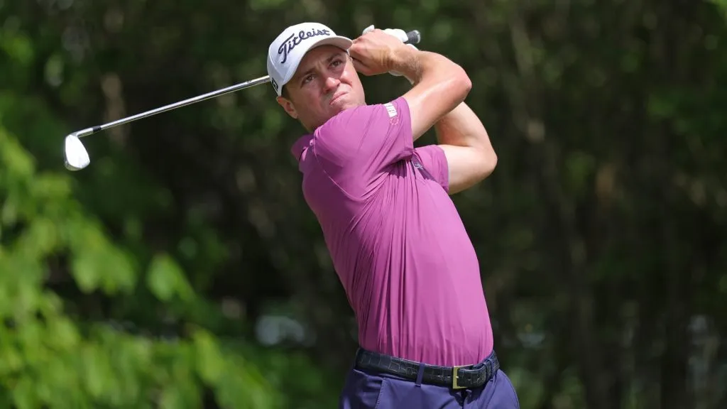 Justin Thomas of the United States plays his shot from the third tee during the final round of the Truist Championship 2025 at The Wissahickon on May 11, 2025. (Source: Andrew Redington/Getty Images)