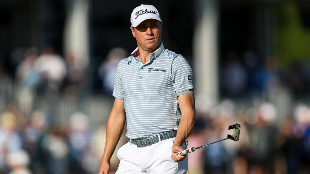 Justin Thomas reacts after making a birdie on the 18th hole during the third round of the Truist Championship 2025 at The Wissahickon at Philadelphia Cricket Club on May 10, 2025. (Source: Emilee Chinn/Getty Images)