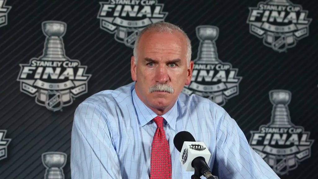 Head coach Joel Quenneville of the Chicago Blackhawks speaks to the media after a 2-1 victory against the Tampa Bay Lightning during Game One of the 2015 NHL Stanley Cup Final at Amalie Arena on June 3, 2015 in Tampa, Florida.