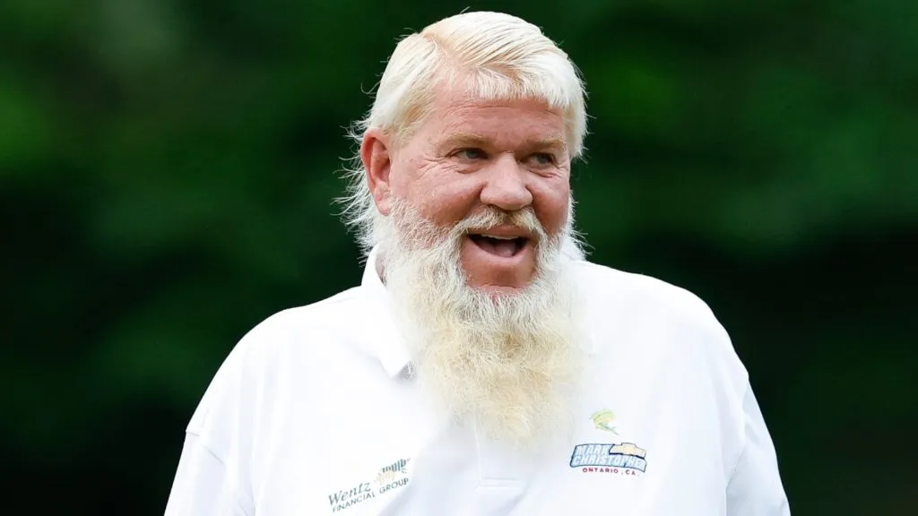John Daly of the United States smiles on the 10th hole during the first round of the Insperity Invitational at The Woodlands Golf Club on May 4, 2024. (Source: Aaron M. Sprecher/Getty Images)