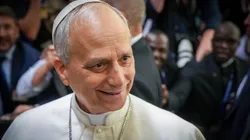 Pope Leo XIV shakes the hands and greets people of the press after an audience with thousands of journalists and media workers on May 12, 2025 at Paul VI Hall in Vatican City, Vatican.