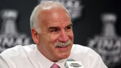 Head coach Joel Quenneville speaks to the media after defeating the Tampa Bay Lightning 2-1 with Chicago Blackhawks in Game Four of the 2015 NHL Stanley Cup Final.
