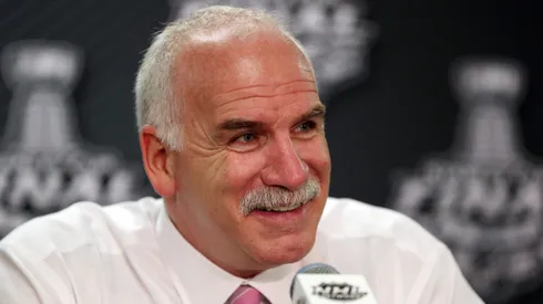 Head coach Joel Quenneville speaks to the media after defeating the Tampa Bay Lightning 2-1 with Chicago Blackhawks in Game Four of the 2015 NHL Stanley Cup Final.