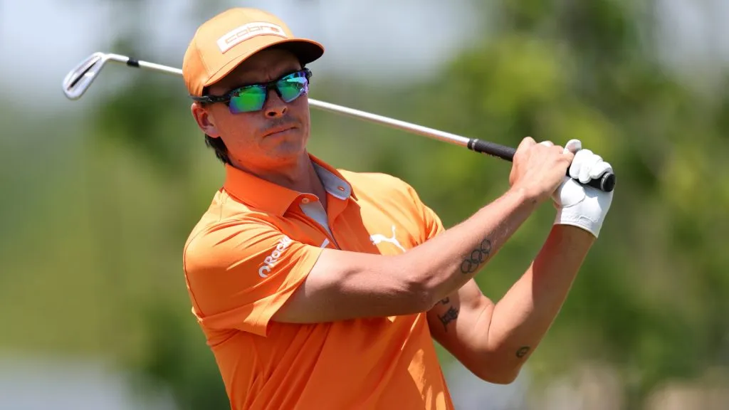 Rickie Fowler of the United States plays his shot from the first tee during the final round of the Truist Championship 2025 at The Wissahickon on May 11, 2025. (Source: Emilee Chinn/Getty Images)