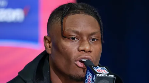 George Pickens speaks to reporters during the NFL Draft Combine at the Indiana Convention Center on March 2, 2022 in Indianapolis, Indiana.