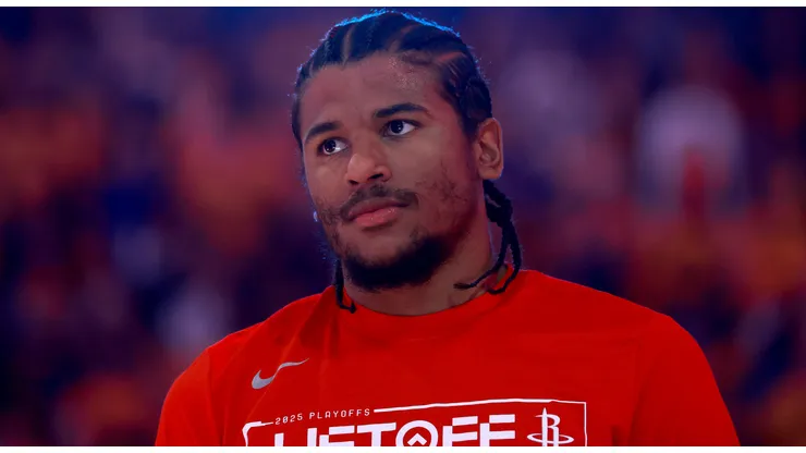 Jalen Green #4 of the Houston Rockets stands on the court for the national anthem before their game against the Golden State Warriors in Game Three of the Western Conference First Round NBA Playoffs at Chase Center on April 26, 2025 in San Francisco, California.