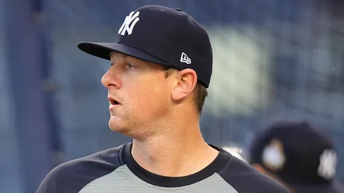 DJ LeMahieu #26 of the New York Yankees looks on during batting practice before playing the Los Angeles Dodgers during Game Three of the 2024 World Series at Yankee Stadium on October 28, 2024 in New York City.
