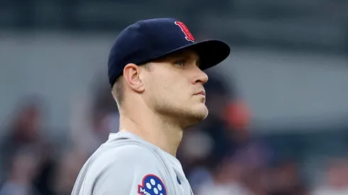 Tanner Houck #89 of the Boston Red Sox stares into the crowd after giving up a three-run home run to Trey Sweeney of the Detroit Tigers during the third inning at Comerica Park on May 12, 2025 in Detroit, Michigan.