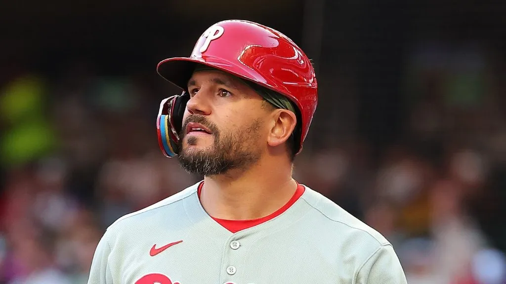 Kyle Schwarber #12 of the Philadelphia Phillies reacts after striking out in the first inning against the Atlanta Braves