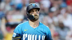 Bryce Harper #3 of the Philadelphia Phillies at bat during a game against the Arizona Diamondbacks at Citizens Bank Park on May 02, 2025 in Philadelphia, Pennsylvania.