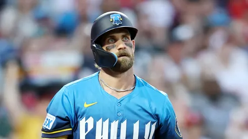 Bryce Harper #3 of the Philadelphia Phillies at bat during a game against the Arizona Diamondbacks at Citizens Bank Park on May 02, 2025 in Philadelphia, Pennsylvania.