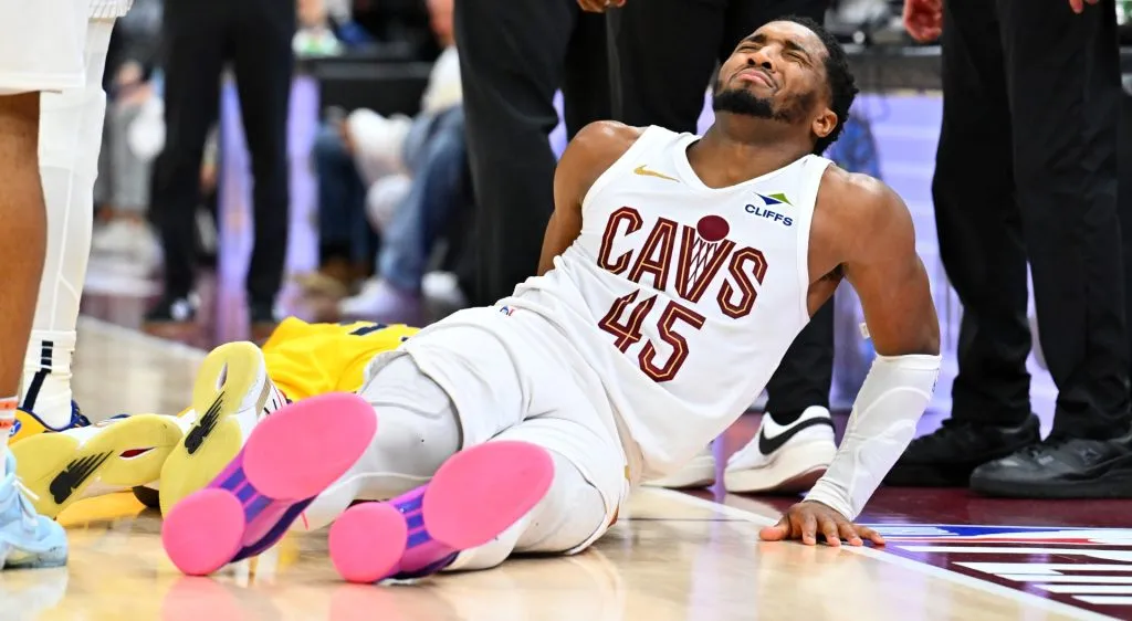 Donovan Mitchell #45 of the Cleveland Cavaliers reacts after committing an offensive foul during the fourth quarter of game two of the Eastern Conference Semifinals against the Indiana Pacers at Rocket Arena on May 06, 2025 in Cleveland, Ohio. The Pacers defeated the Cavaliers 120-119. (Photo by Jason Miller/Getty Images)