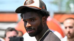 Shedeur Sanders #12 of the Cleveland Browns answers questions from the media during a press conference prior to rookie minicamp at CrossCountry Mortgage Campus on May 10, 2025 in Berea, Ohio.