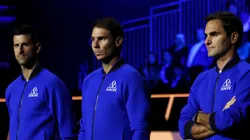 Novak Djokovic, Rafael Nadal and Roger Federer of Team Europe line up during Day One of the Laver Cup at The O2 Arena on September 23, 2022 in London, England.