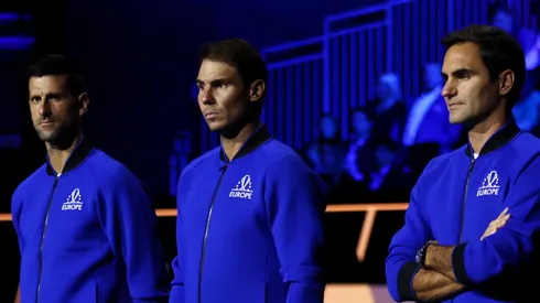 Novak Djokovic, Rafael Nadal and Roger Federer of Team Europe line up during Day One of the Laver Cup at The O2 Arena on September 23, 2022 in London, England.