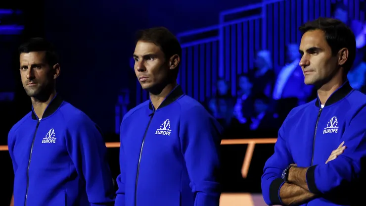 Novak Djokovic, Rafael Nadal and Roger Federer of Team Europe line up during Day One of the Laver Cup at The O2 Arena on September 23, 2022 in London, England.