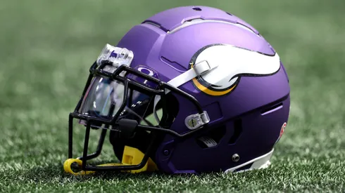 A detailed view of a Minnesota Vikings helmet before the game against the New York Giants at MetLife Stadium on September 08, 2024 in East Rutherford, New Jersey.