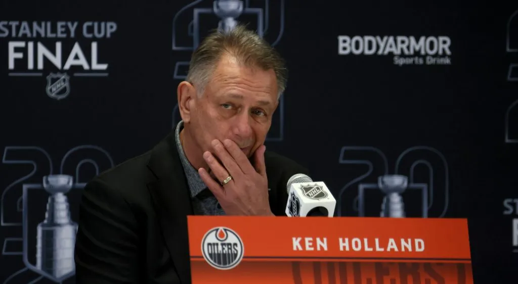 Ken Holland speaks to the media during Media Day prior to the 2024 Stanley Cup Final at Amerant Bank Arena on June 07, 2024 in Sunrise, Florida. (Photo by Bruce Bennett/Getty Images)