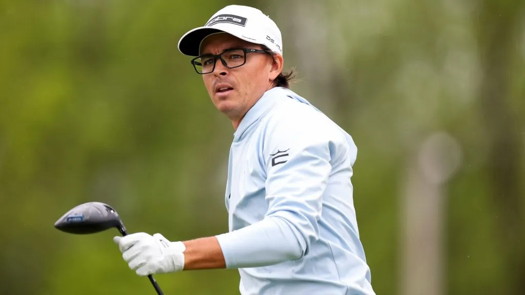 Rickie Fowler watches a tee shot on the 18th hole during the second round of the Truist Championship 2025 at The Wissahickon at Philadelphia Cricket Club on May 09, 2025. (Source: Emilee Chinn/Getty Images)