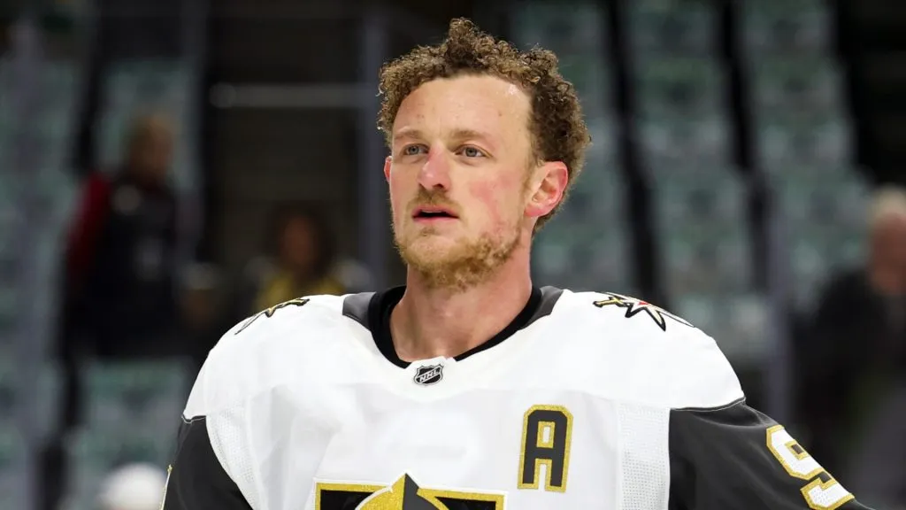 Jack Eichel #9 of the Vegas Golden Knights looks on prior to Game Six of the First Round against the Minnesota Wild of the 2025 Stanley Cup Playoffs at Xcel Energy Center on May 01, 2025 in St Paul, Minnesota.