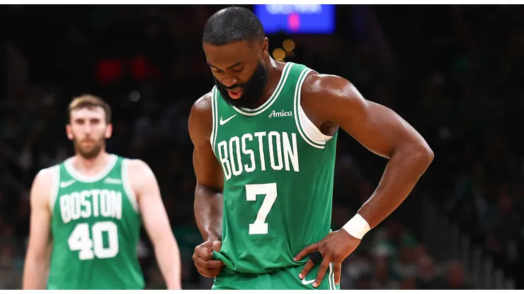 Jaylen Brown #7 of the Boston Celtics reacts during the second quarter against the New York Knicks in Game Two of the Eastern Conference Second Round NBA Playoffs at TD Garden on May 07, 2025 in Boston, Massachusetts.