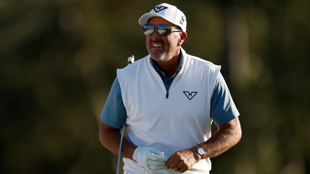 Phil Mickelson of the United States prepares to play a shot on the 18th hole during the second round of the 2025 Masters Tournament at Augusta National Golf Club on April 11, 2025. (Source: Harry How/Getty Images)