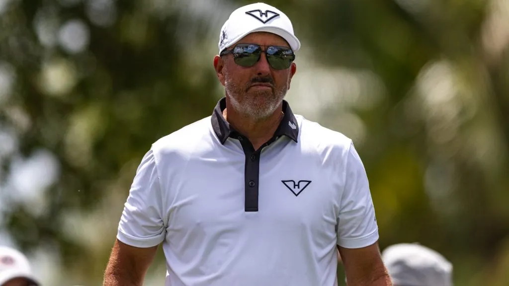 Captain Phil Mickelson of HyFlyers GC looks on from the first green during Day Three of LIV Golf Miami at Trump National Doral Miami on April 06, 2025. (Source: Lauren Sopourn/Getty Images)