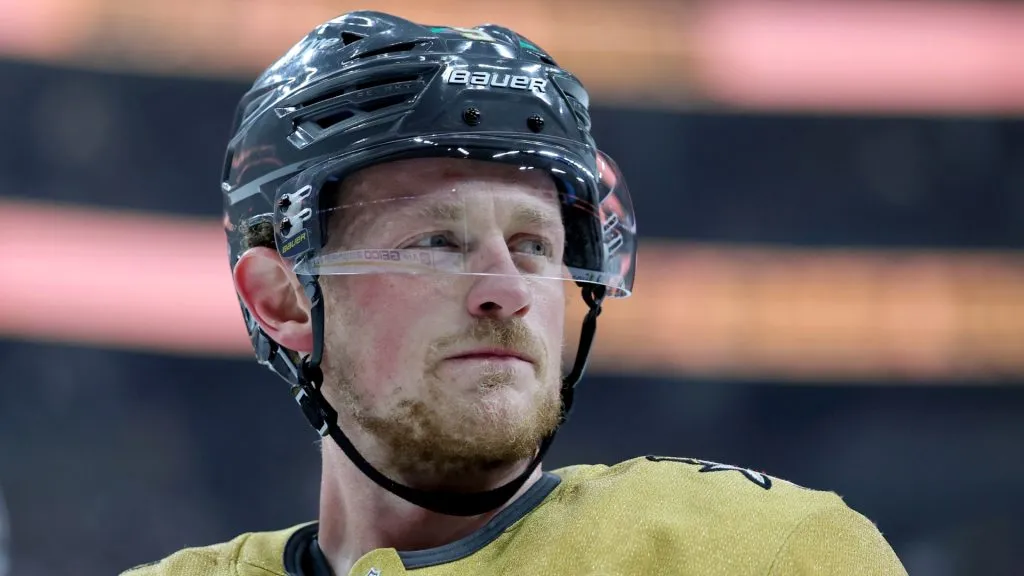 Jack Eichel #9 of the Vegas Golden Knights waits for a faceoff in the first period of Game Five of the First Round of the 2025 Stanley Cup Playoffs against the Minnesota Wild at T-Mobile Arena on April 29, 2025 in Las Vegas, Nevada. The Golden Knights defeated the Wild 3-2 in overtime.