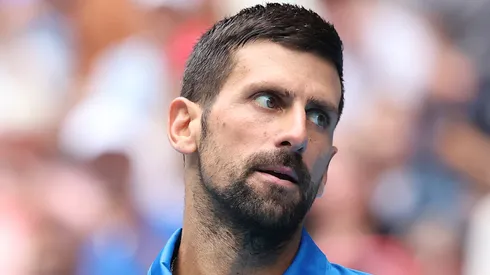 Novak Djokovic of Serbia reacts in the 2025 Australian Open Second Round match against Jaime Faria of Portugal.