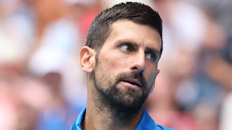 Novak Djokovic of Serbia reacts in the 2025 Australian Open Second Round match against Jaime Faria of Portugal.