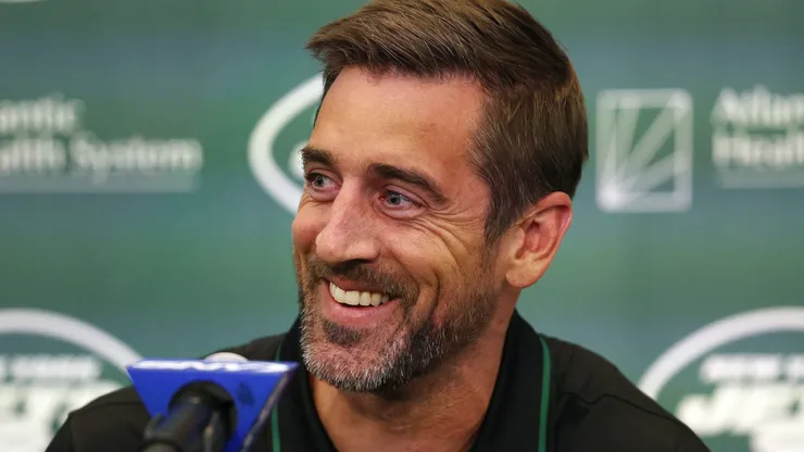 New York Jets quarterback Aaron Rodgers attends an introductory press conference at Atlantic Health Jets Training Center on April 26, 2023 in Florham Park, New Jersey.