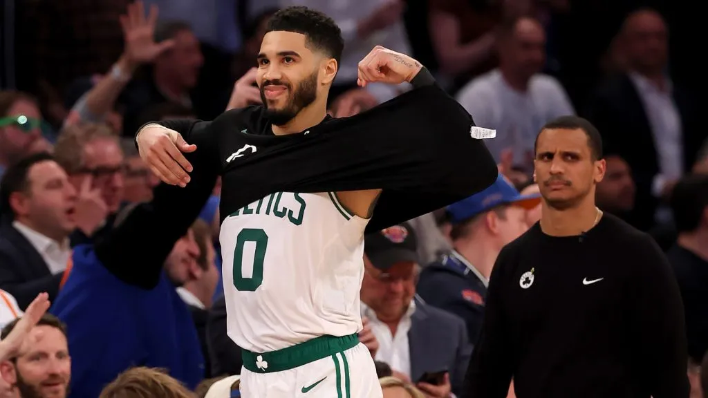 Jayson Tatum of the Boston Celtics walks off the bench in the fourth quarter against the New York Knicks