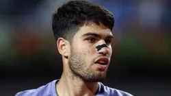 Carlos Alcaraz of Spain looks on against Laslo Djere of Serbia during the Men's Singles Third Round match of the Rome Open.