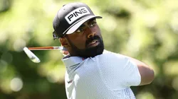 Sahith Theegala of the United States plays his shot from the sixth tee during the second round of the RBC Heritage 2025 at Harbour Town Golf Links on April 18, 2025.
