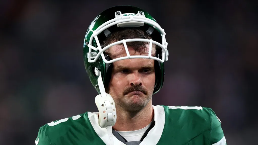 Thomas Morstead #6 of the New York Jets looks on against the New York Giants during a preseason game at MetLife Stadium on August 24, 2024 in East Rutherford, New Jersey.